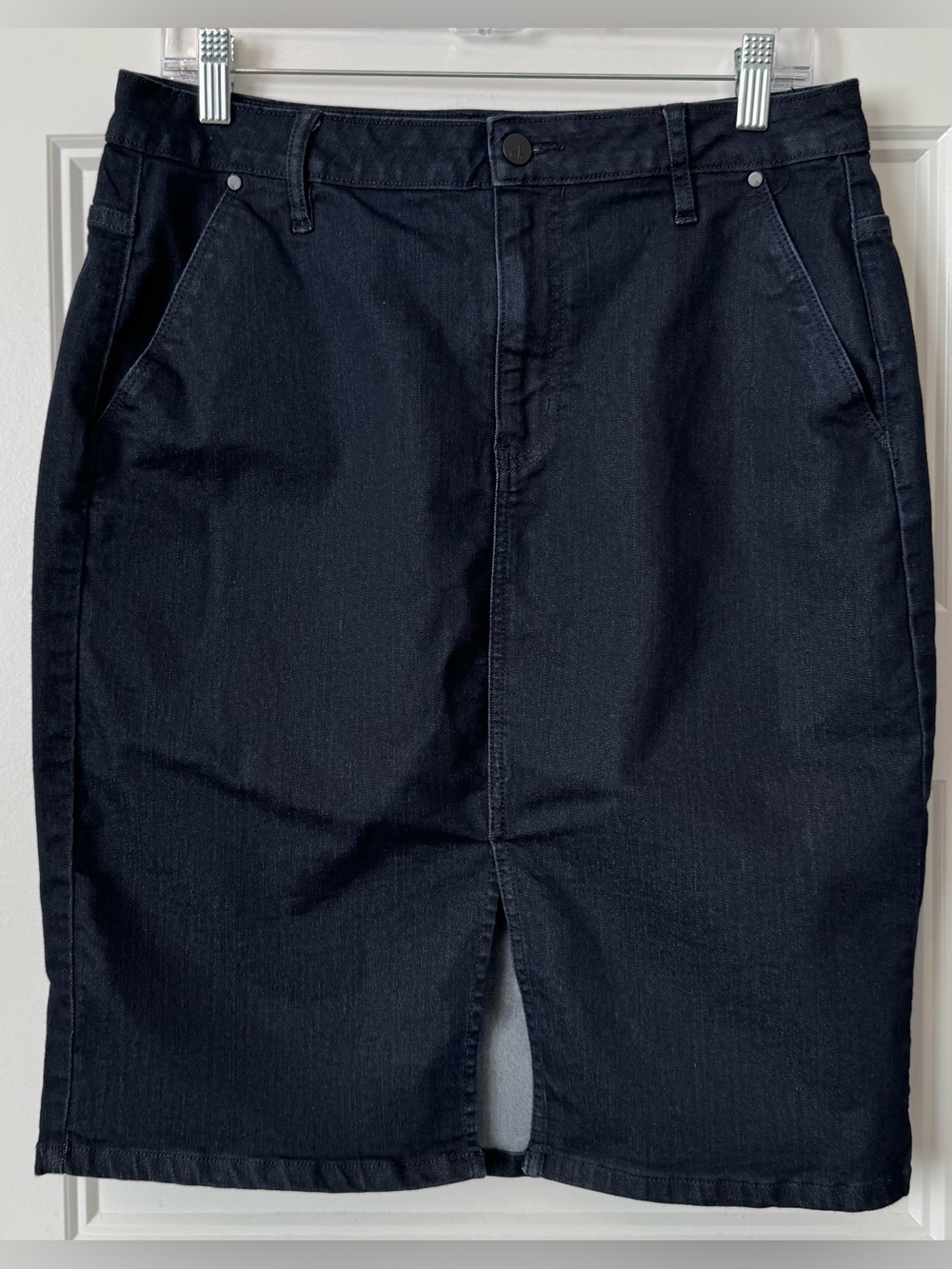 Calvin Klein Dark Wash Denim Pencil Skirt 32 Y2K Midi Stretch Slit Career